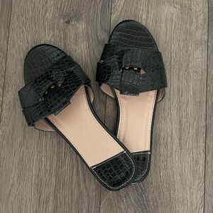 Black Croc-Embossed Slide Sandals